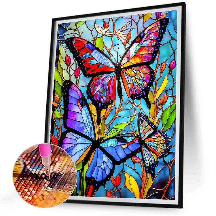 Stained Glass Blue Butterfly-Partial AB Round Diamond Painting-45*40CM