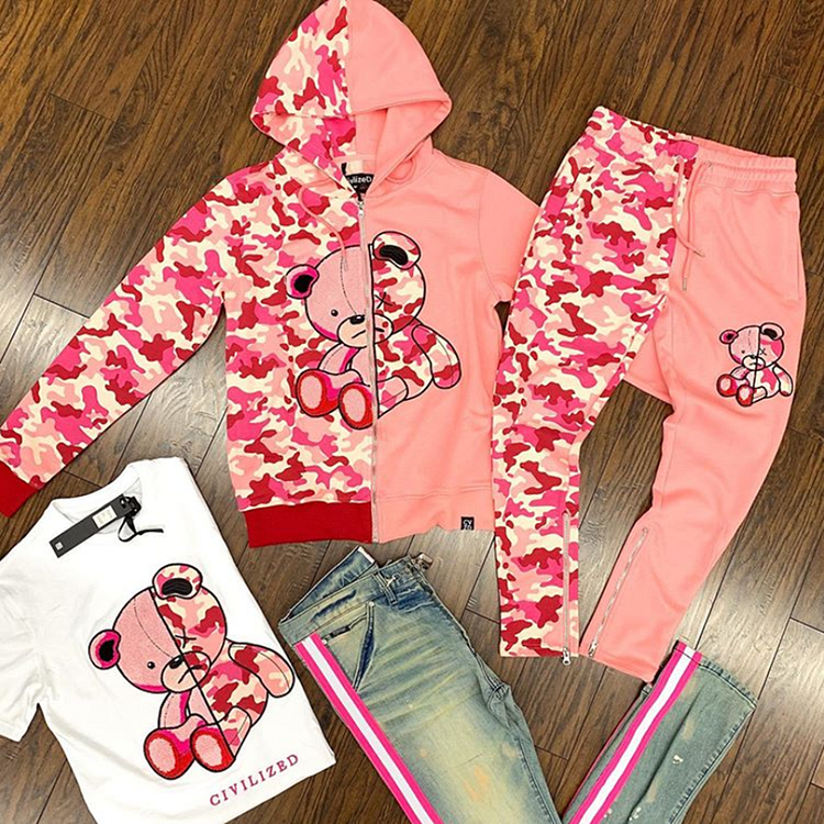 Little bear camouflage stitching pink hooded suit