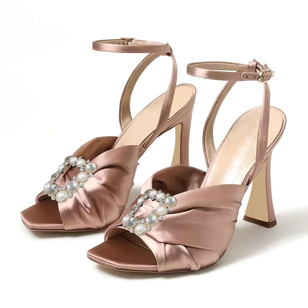 Champagne Square Toe Sandals With Pearl Decor Ankle Strap Slingback Sandals Nicepairs