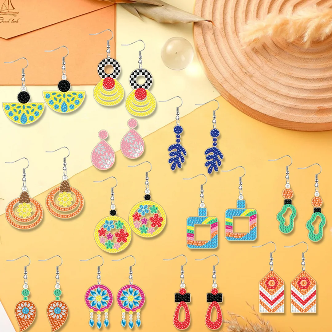 12 Pairs Geometry Diamond Painting Earrings DIY Diamond Art Earrings for Adults