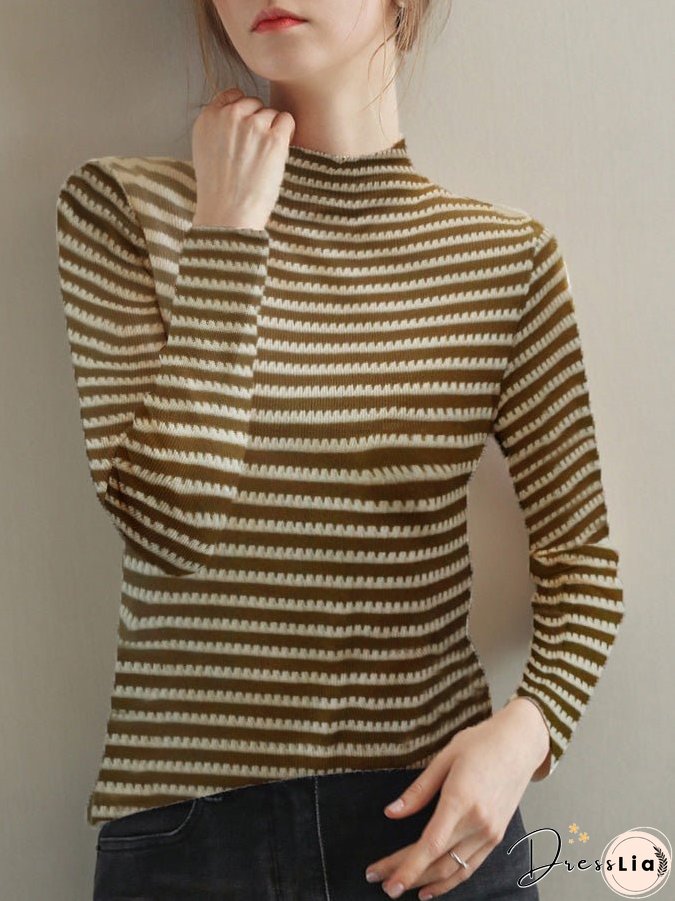 T-Shirts High Neck Stripe Long Sleeve T-Shirt for Women