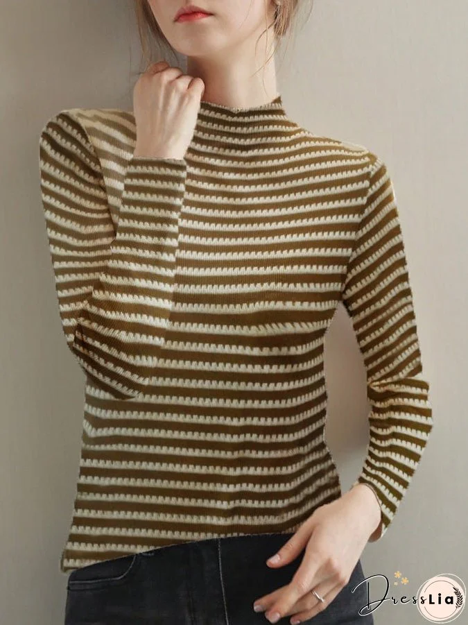 T-Shirts High Neck Stripe Long Sleeve T-Shirt for Women