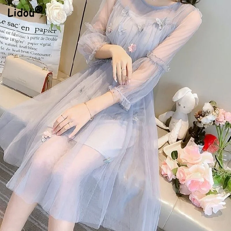 Jangj Long Sleeve Summer Fashion Chiffon Solid Color A-line Skirt Sweet Slender Refreshing Pure Cute Dress Women's Clothing 2022