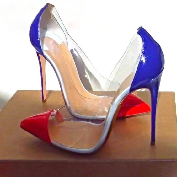 VCSHOES Clear PVC Patchwork Stiletto Pumps High Heel Shoes Woman Mixed Colors Patent Leather Pointed Toe Thin Heels Party Dress Shoes