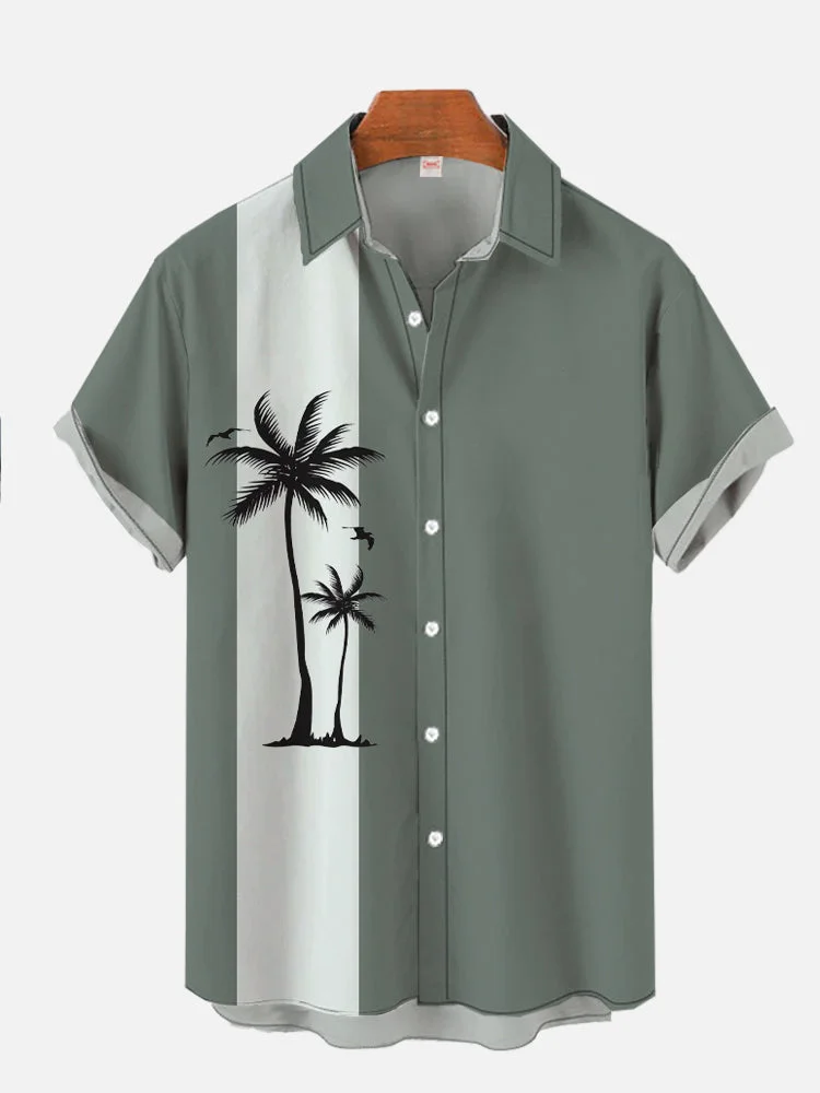 Vintage OliveDrab And LightGreen Stitching Palm Tree Printing Short Sleeve Shirt