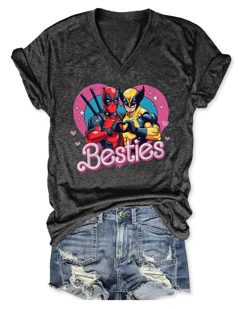 Superhero Deadpool Wolverine Besties V Neck T-Shirt
