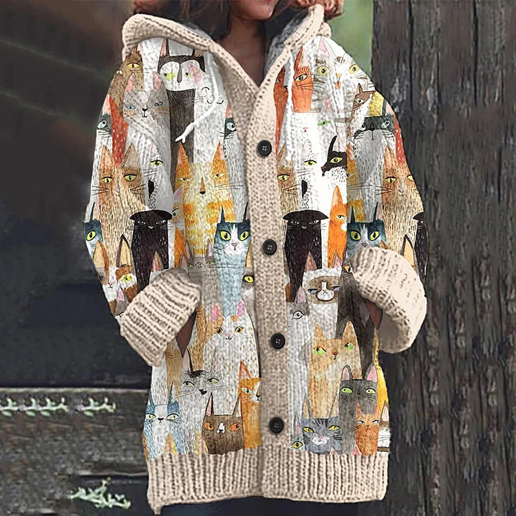 Colorful Cat Pattern Cozy Hooded Knit Sweater