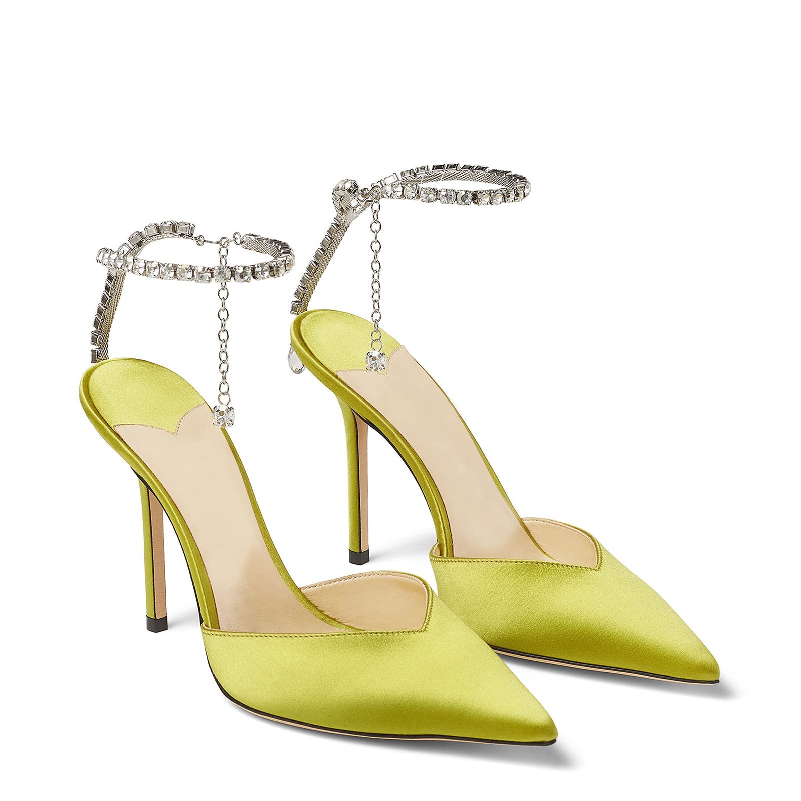 100mm Women's Sandals Crystal Chain Ankle Straps Rhinestones Buckle Heels Stiletto Satin Dress Shoes-vocosishoes