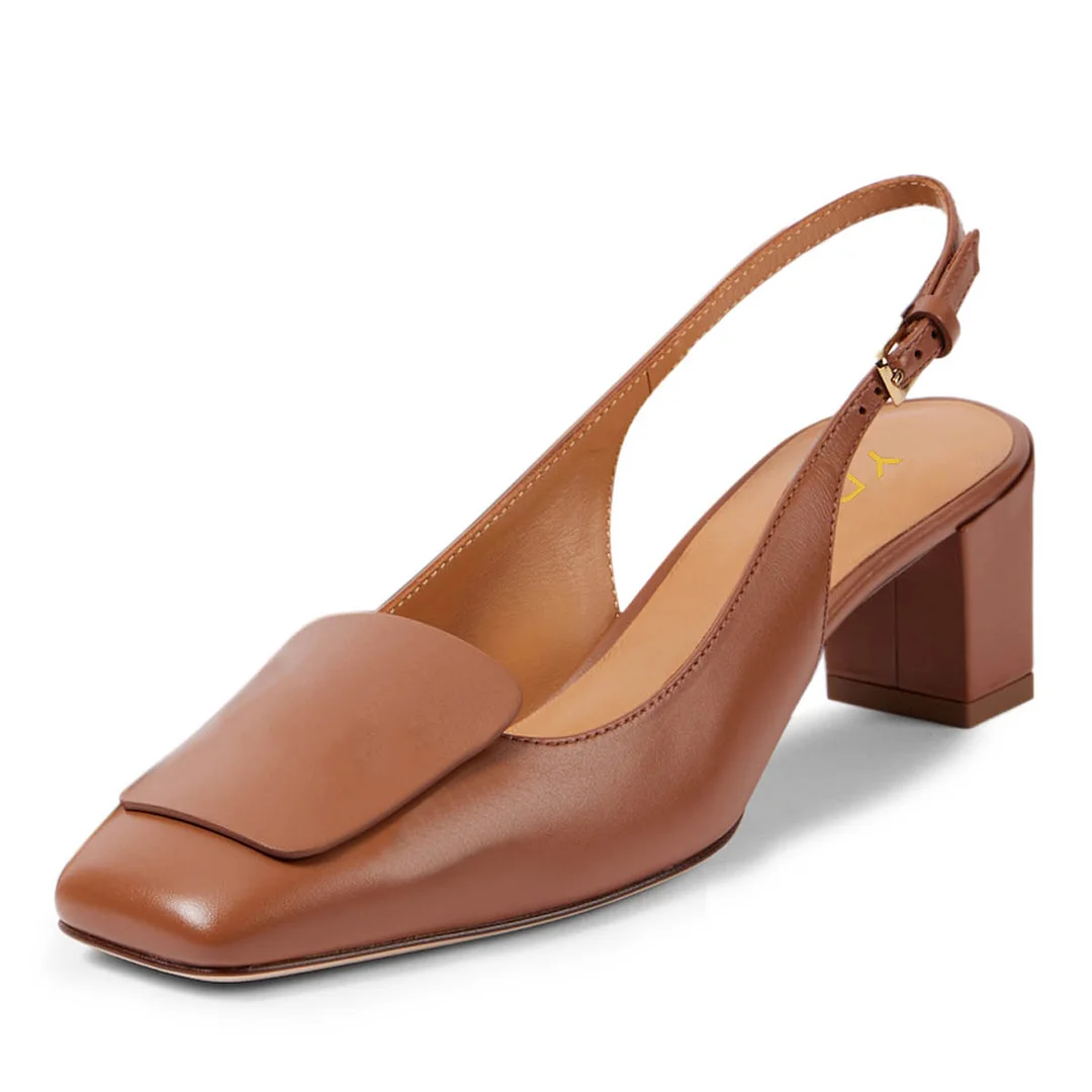YDN Brown Vegan Leather Square Toe Chunky Heel Slingback Pumps
