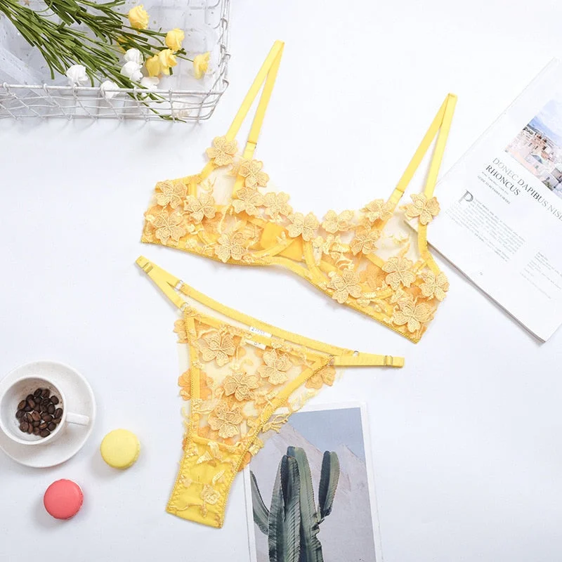 Yimunancy 2-piece Floral Bra Set, Female Transparent Bra + Panties, Sexy Underwear, Underwear Set