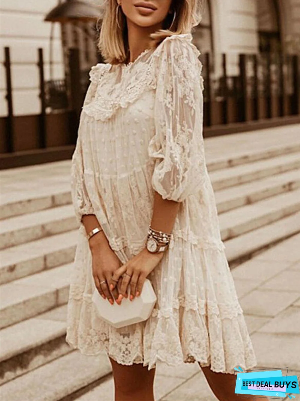 Spring and Summer Solid Lace Patchwork Lace 3 / 4 Sleeve Medium Length Dress
