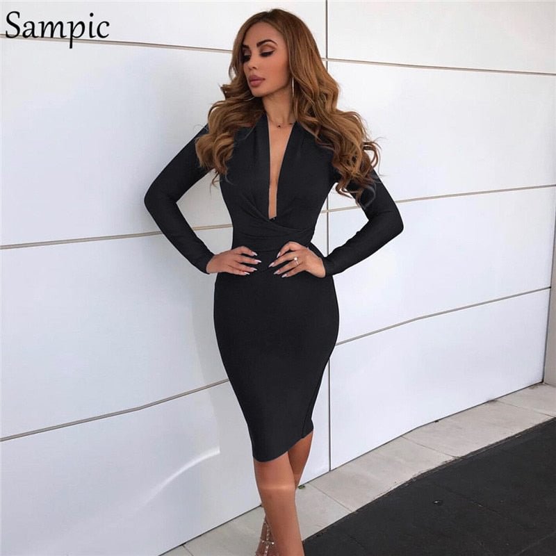 Sampic Bodycon Sexy Club Party Dress Red Pink Black Autumn Dress Women Long Sleeve Elegant Ladies Dresses