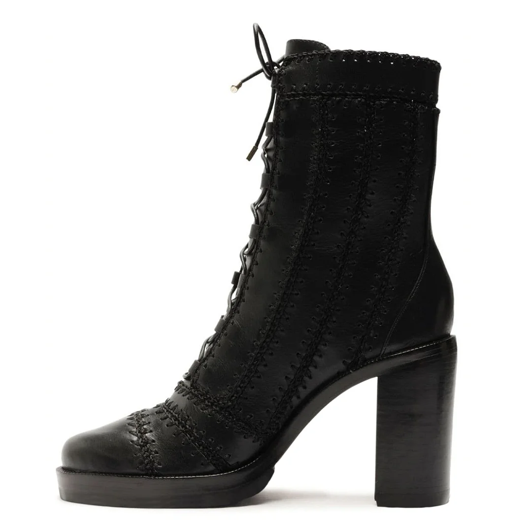 Vegan Leather Almond Toe Stitched Lace-Up Ankle Booties in Black