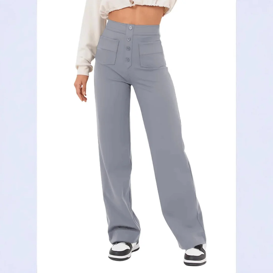 Wongn Wongn Fashion New Women's Casual Straight Pants High Waist Button Elastic Belt With Multiple Pockets