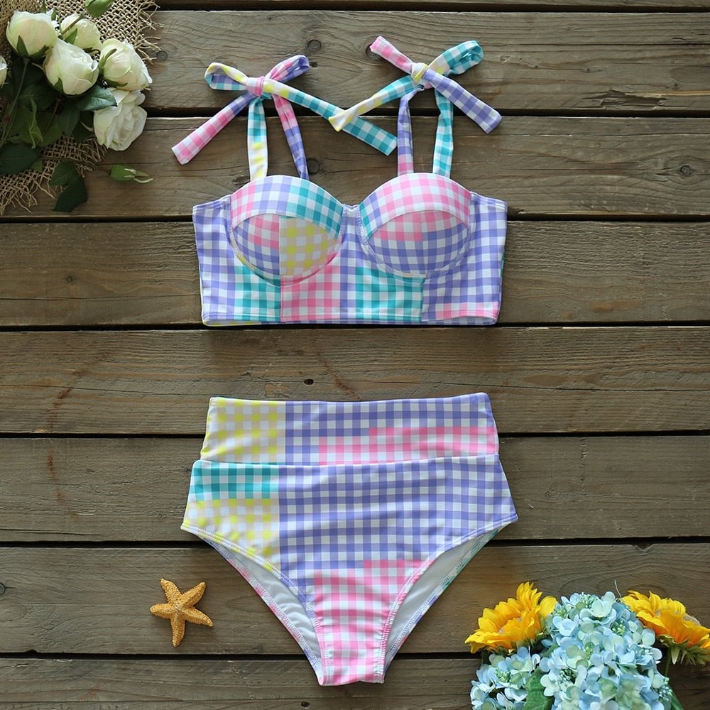 2021 Sexy Colorful Plaid Bikini Set High Waist Swimwear Shoulder Strappy Bathing Suit Beachwear Biquini female