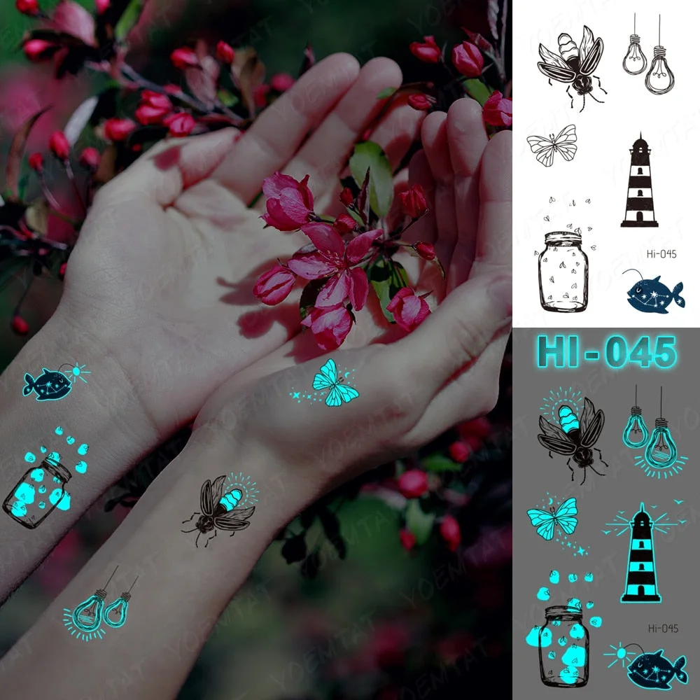 Blue Luminous Glow Tattoo Sticker Mountain Moon Waterproof Temporary Tatoo Nature Forest Sea Fake Tatto For Body Art Women Men