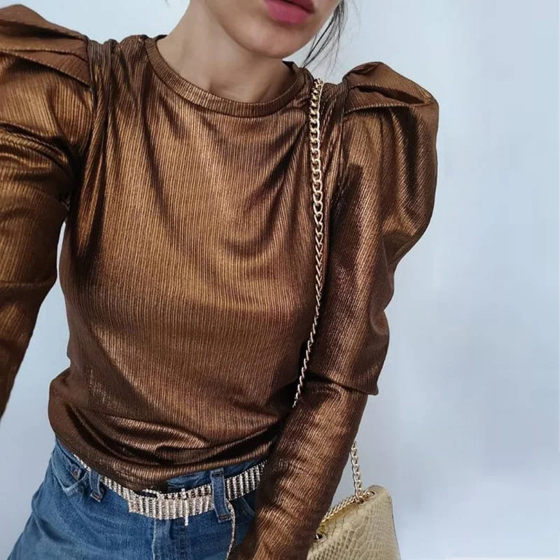 Women Elegant Puff Long Sleeve blouse shirts Office Lady Autumn solid slim workwear tops Female Spring casual o neck pullovers