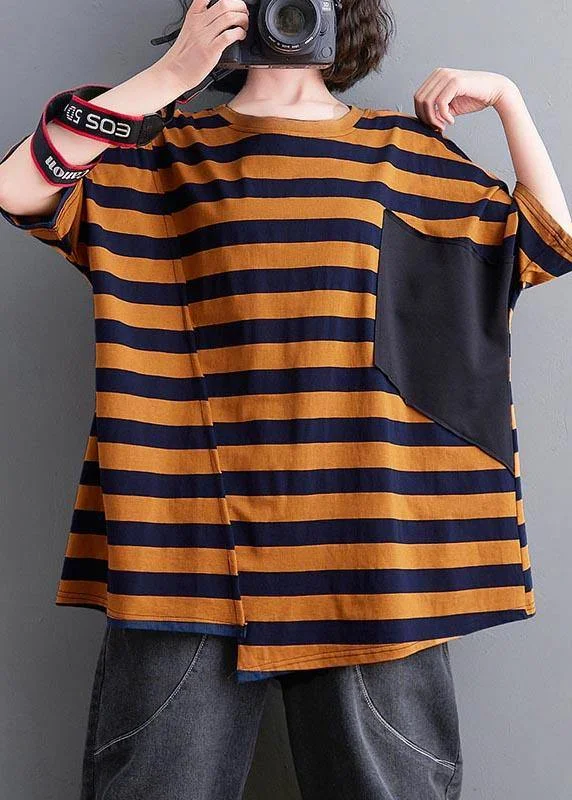 Natural Yellow Striped Half Sleeve Cotton Summer Top