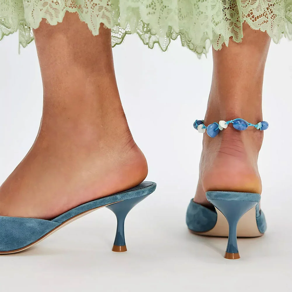 Greyish Blue Vegan Suede Open Toe Kitten Heel Mule Shoes for Women