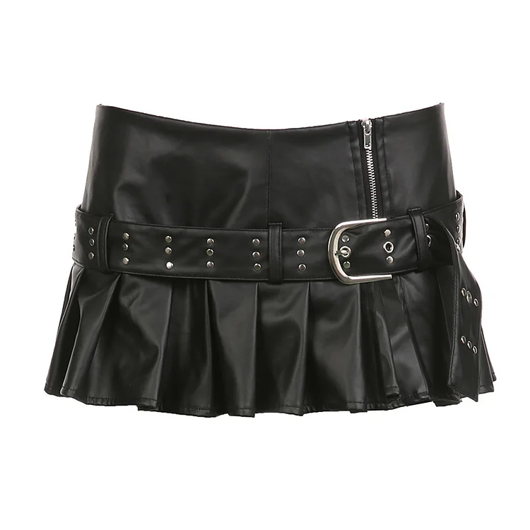Punk Chic Studded Belt Split Hem PU Leather Low-Rise Skirt