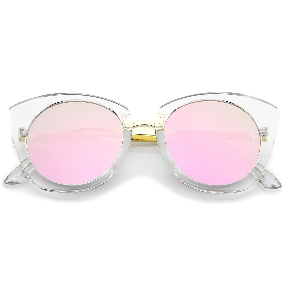 Women's Crystal Frame Colored Mirror Flat Lens Round Cat Eye glasses 52mm