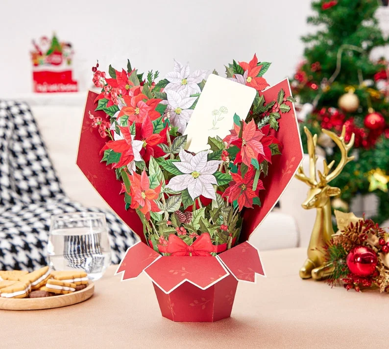 Poinsettia Pop-Up Flower Season Bouquet Card, Christmas Greeting Card, Handmade Paper Pop Up Cards,Christmas Gifts For Home Decor