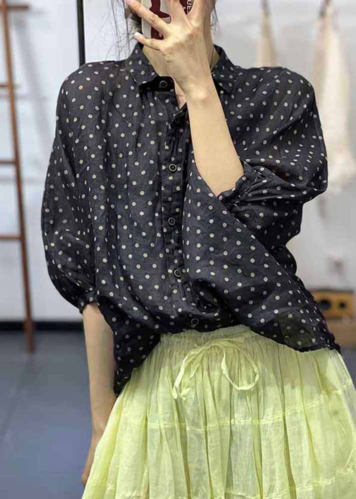 VCSHOES Loose Black Peter Pan Collar Print Cotton Blouses Half Sleeve