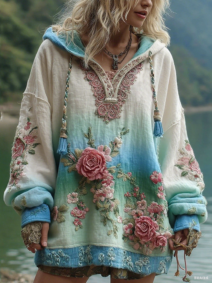 Love & Health Collection Vintage Rózsa és Virágmintás Vászon Hosszú Ujjú Kapucnis Pulóver
