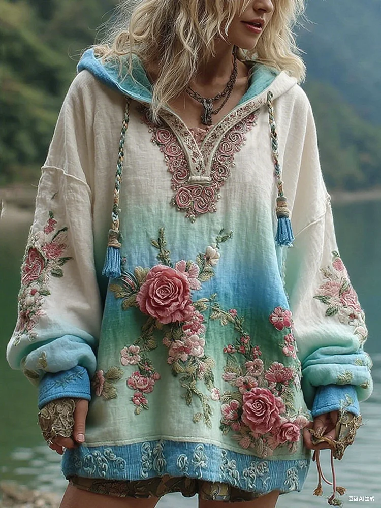 Love & Health Collection Vintage Rose And Floral Art Linen Long Sleeve Hoodie