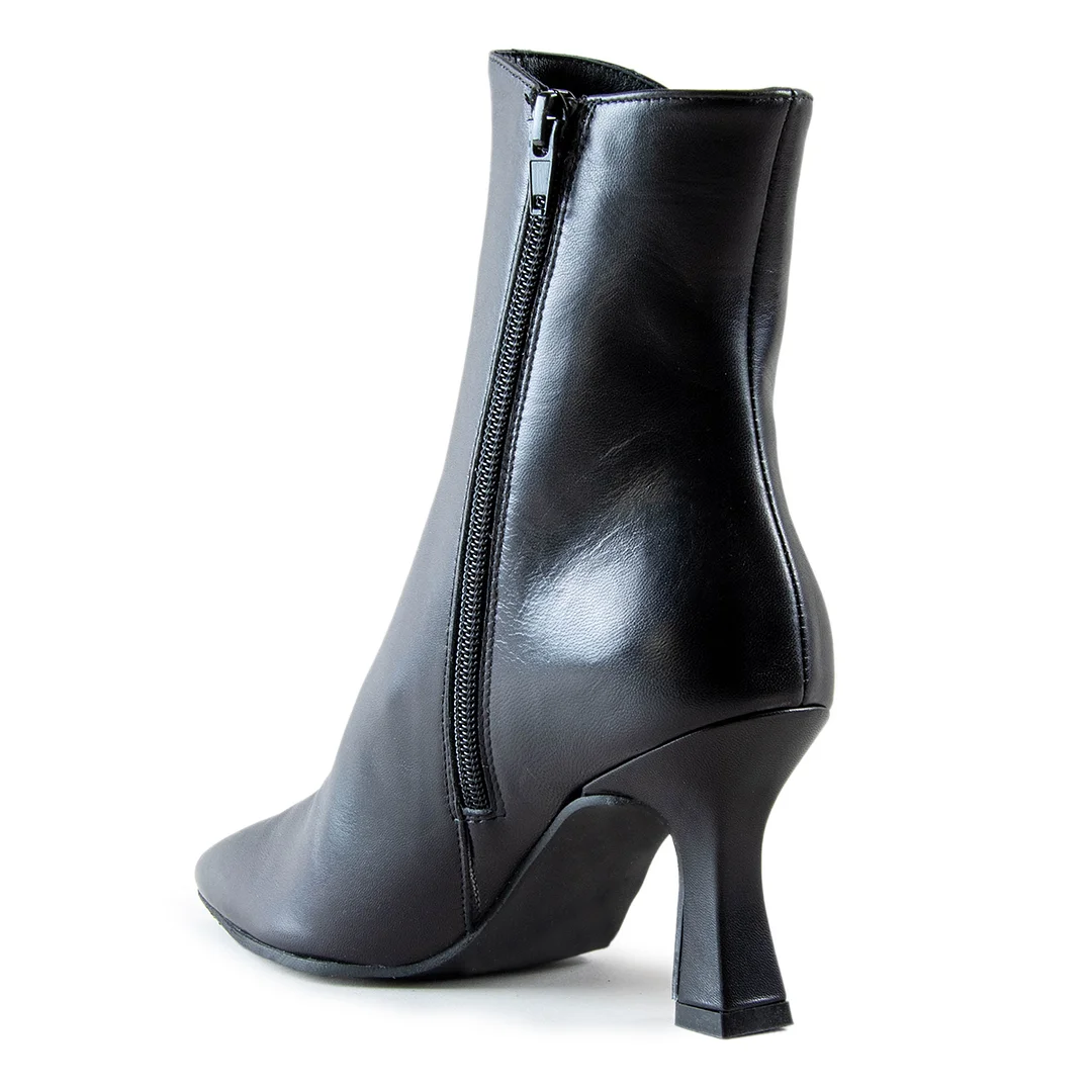 Black Vegan Leather Pointed Toe Side-Zip Ankle Boots with Flared Heel