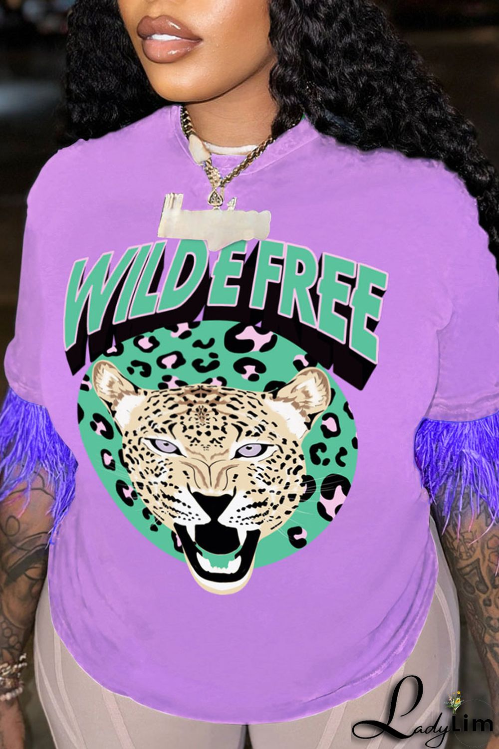 Light Purple Casual Street Print Tassel Patchwork O Neck T-Shirts