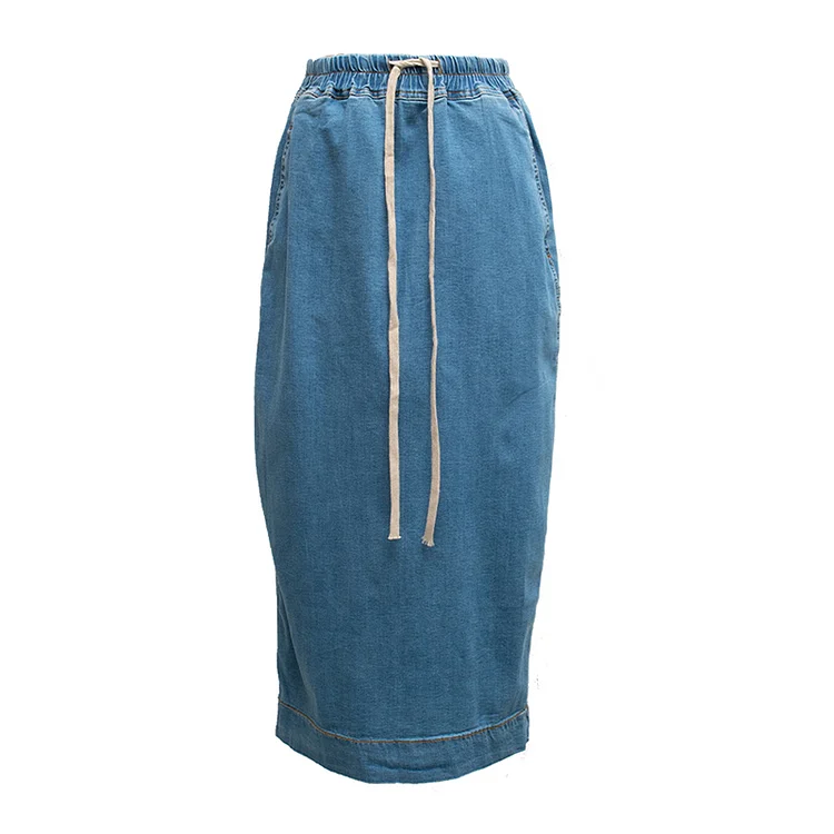 Original Solid Color Lacing Waist Back Patchwork Denim Skirt