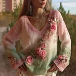 Elegant Boho Roses Embroidered Gradient Comfy Linen Shirt - Image 2