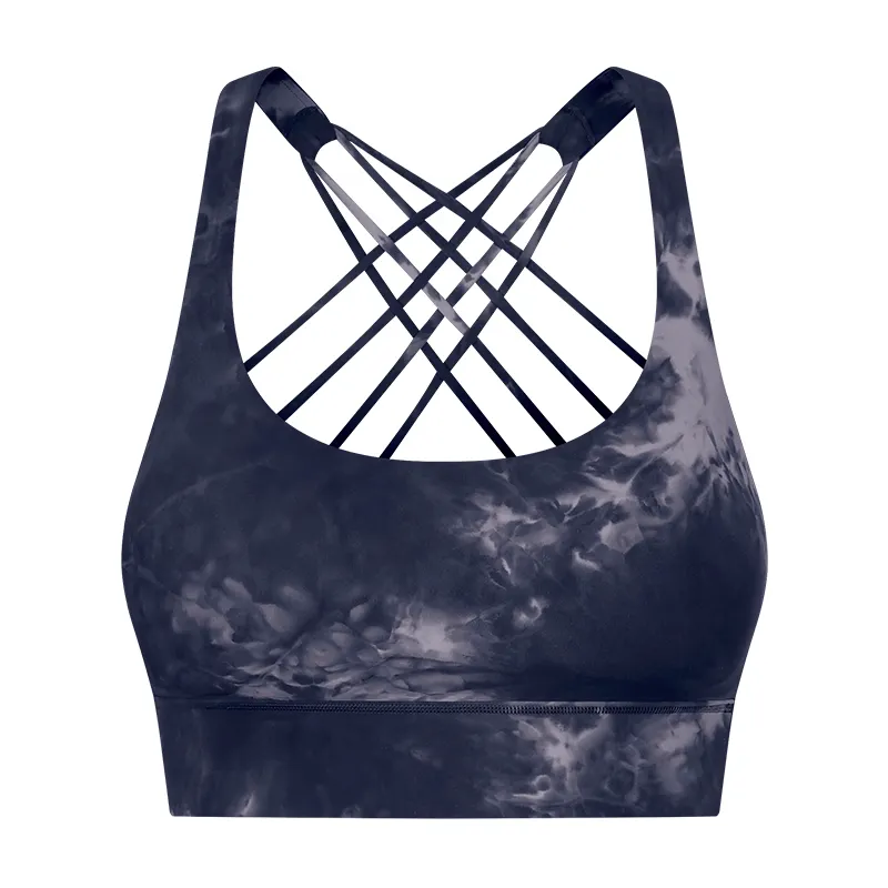 Types of Buy ink blue widened hem back criss cross straps double sided brushed nylon toe dye shock absorber push up sports bra on Hergymclothing at a great price on Hergymclothing