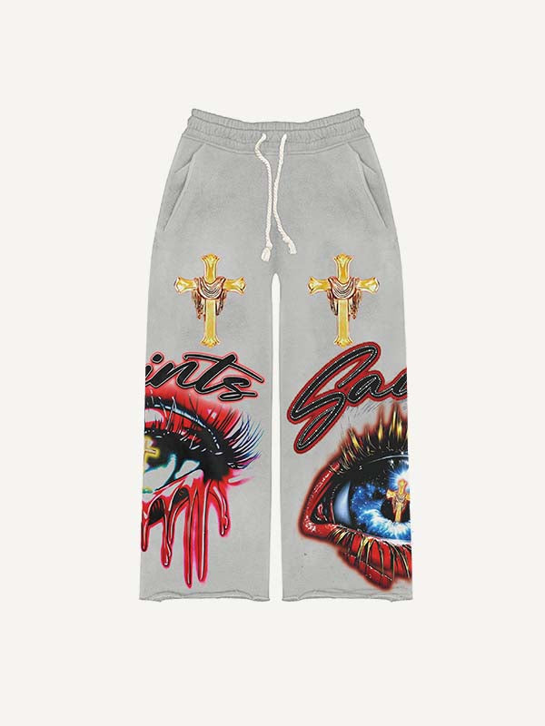 Eye&Cross&Letter Print Elastic Waist Pants