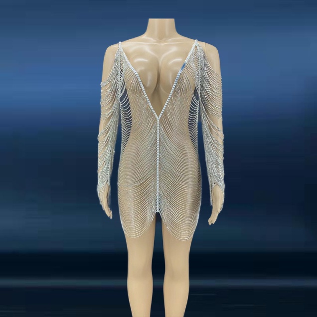 Dress Prom Dress See Through Diamond Chain Decoration