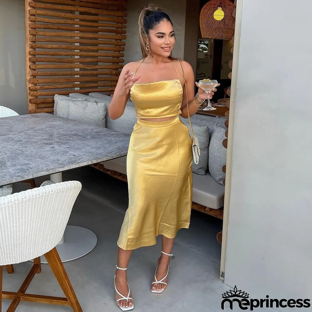 Summer Women's Low Back Tie Tank Top Fashion Casual Skirt Suit Women