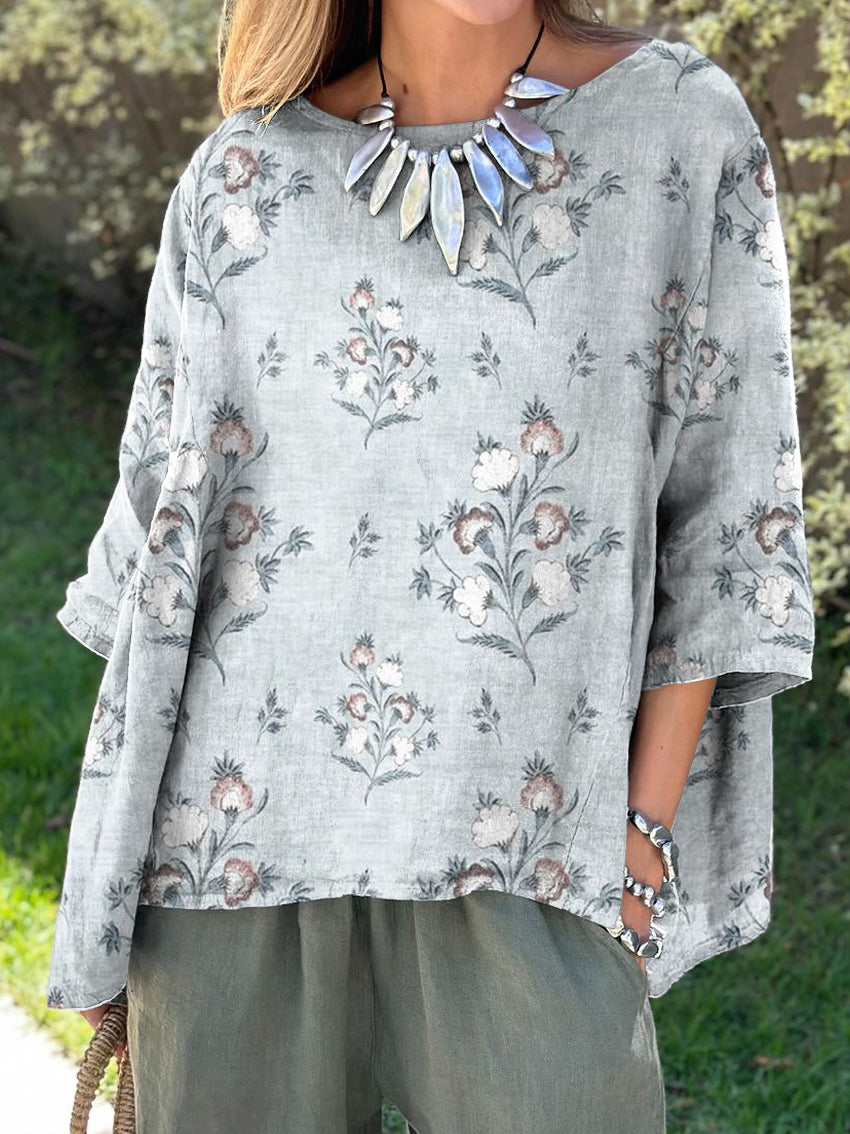 Vintage Print Women's Print Casual Cotton And Linen Shirt
