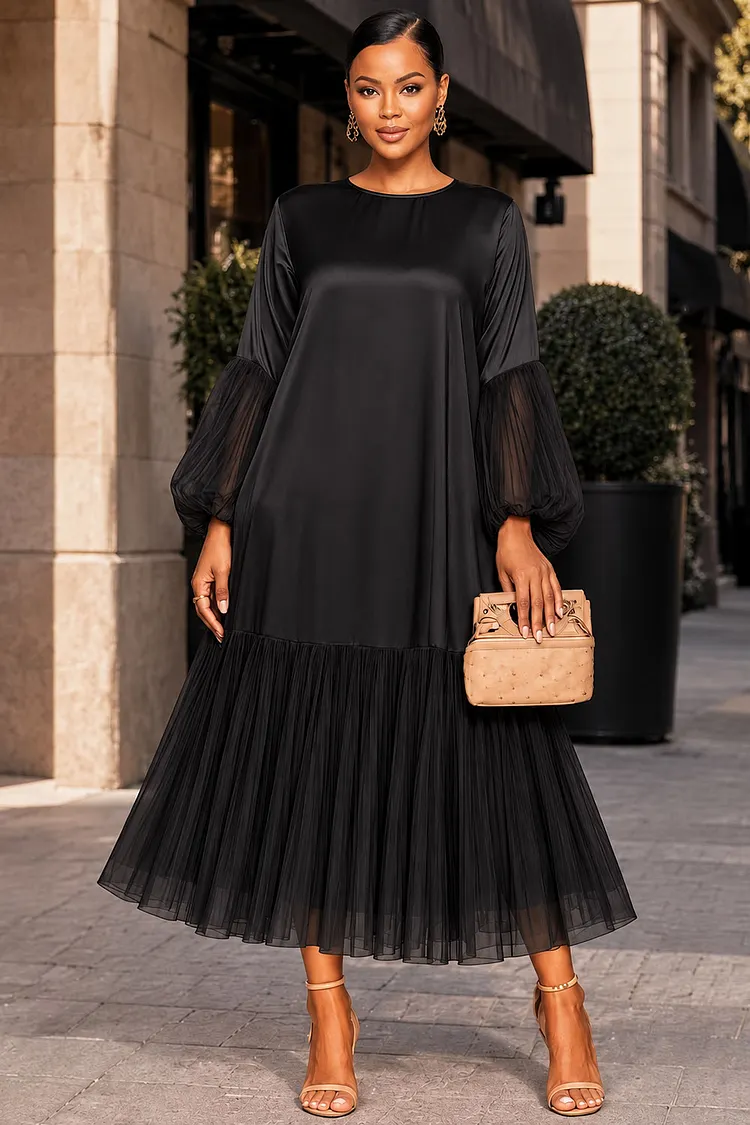 Xpluswear Design Plus Size Business Casual Chiffon Brown Round Neck Lantern Sleeve Long Sleeve Pleated Contrast Satin Maxi Dresses [Pre-Order]