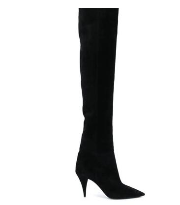 VCSHOES Woman Black Burgundy Cow Suede Spike Heels Thigh Boots Female Pointed Toe Pleated Tube Over The Knee Long Boots