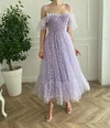 Lilac Lavender Purple Heart Print Tulle Prom Dress Sparkling Lovehearts Tea Length Ball Gown Thin Bow Ribbon Straps Off Shoulder Dresses