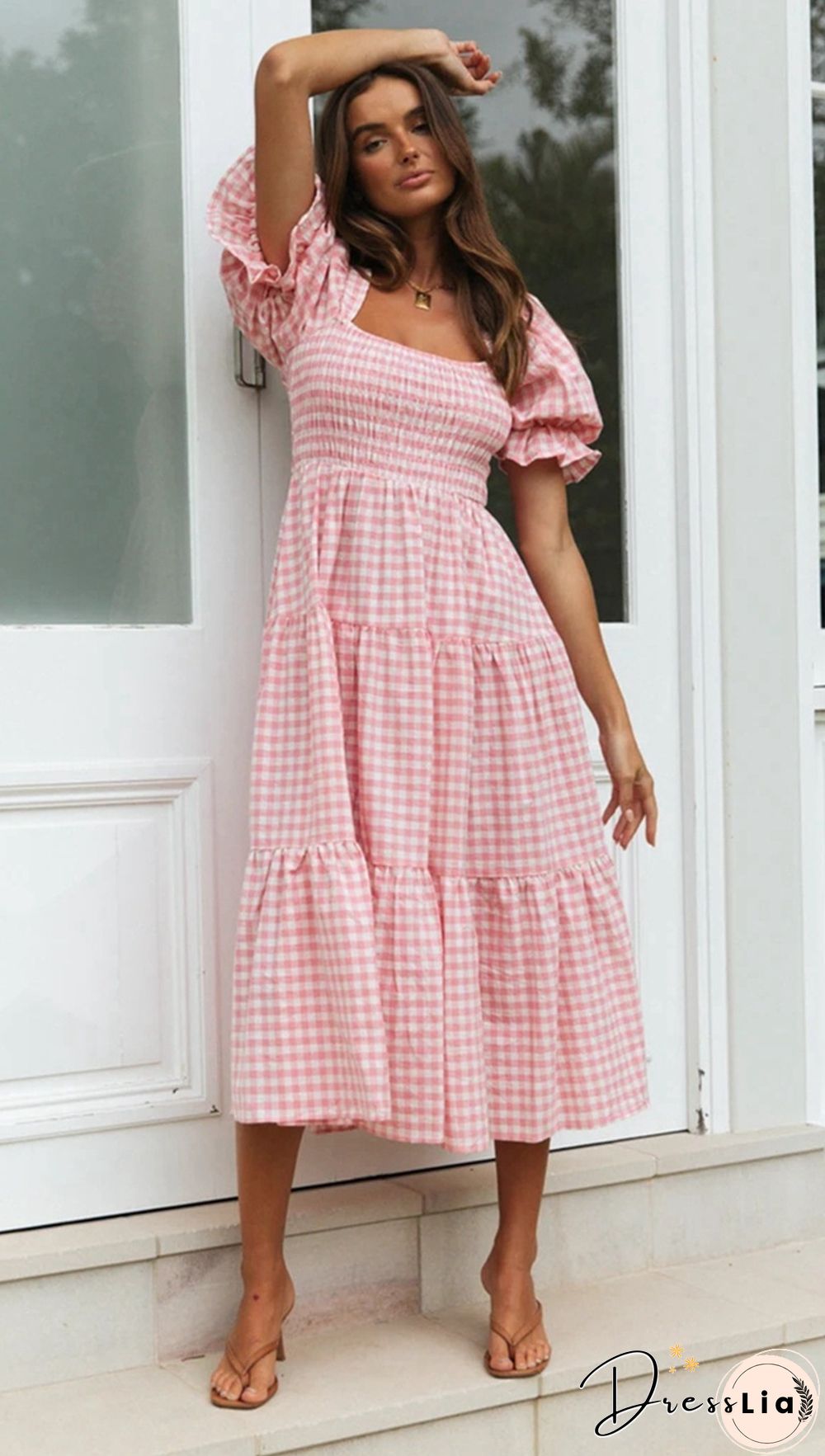 Plus Size Women Puff Square Neck Full-length Checked Plaid Dress Summer Holiday Maxi Dress Party Dress Vestidos