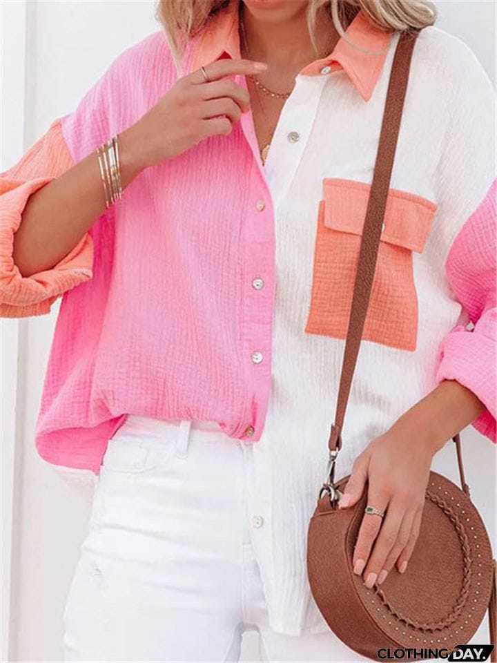 Women Lapel Buttons Long Sleeve Blouses With Pocket