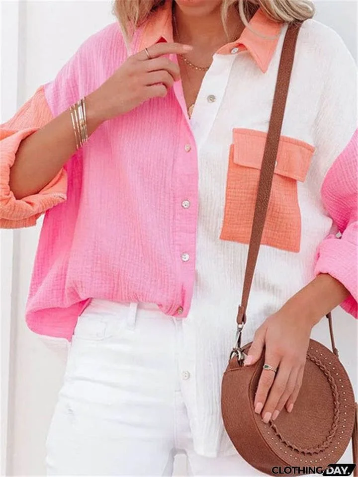 Women Lapel Buttons Long Sleeve Blouses With Pocket