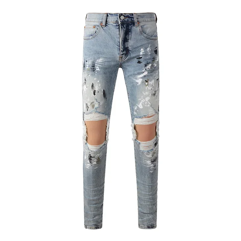 Sweetalys Men's Purple High Streetwear Distressed Light Blue Stretch Skinny Jeans Graffiti Destroyed Holes Ripped Fashion Street Style