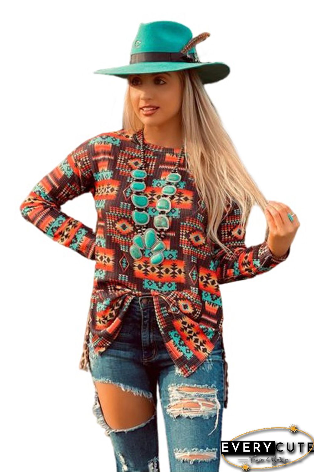 Multicolor Aztec Leopard Patchwork Side Split Pullover Top