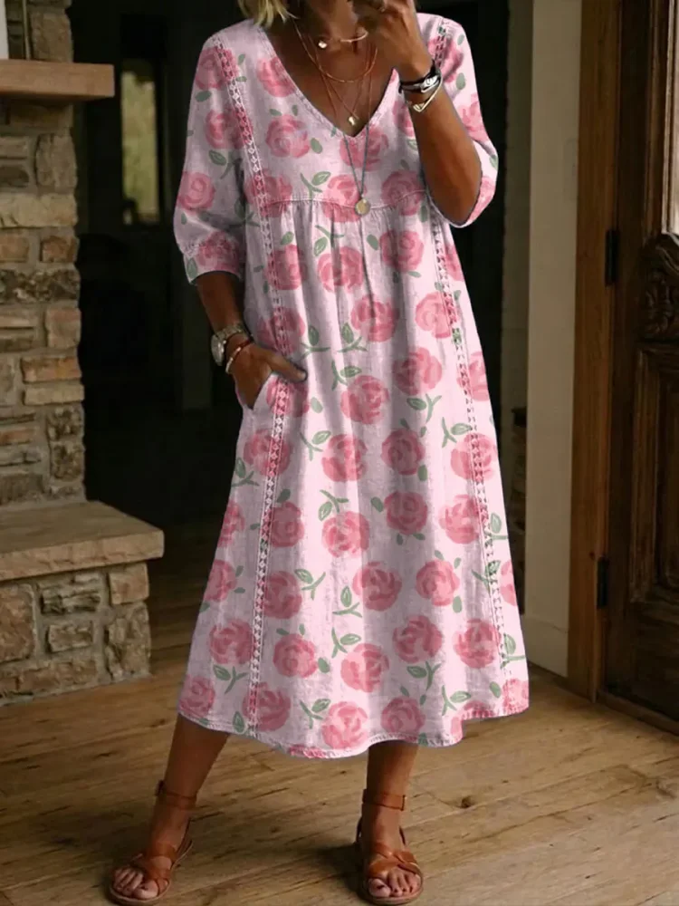 Women's Retro Flower Pattern Print Cotton-linen Dress