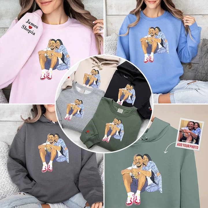 (with facial details) Threads of Love - Personalized Embroidered Hoodie Custom Couple Full Color Embroidered Sweatshirt 