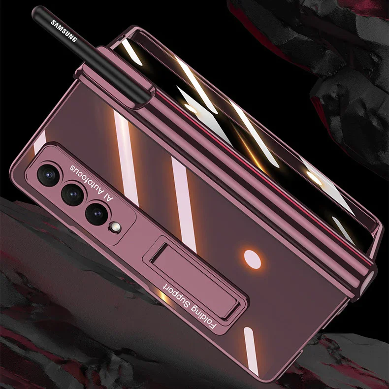 For Samsung ZFold4 Magnetic Hinge Folding Shell Film Electroplating Bracket Pen Slot Mobile Phone Case