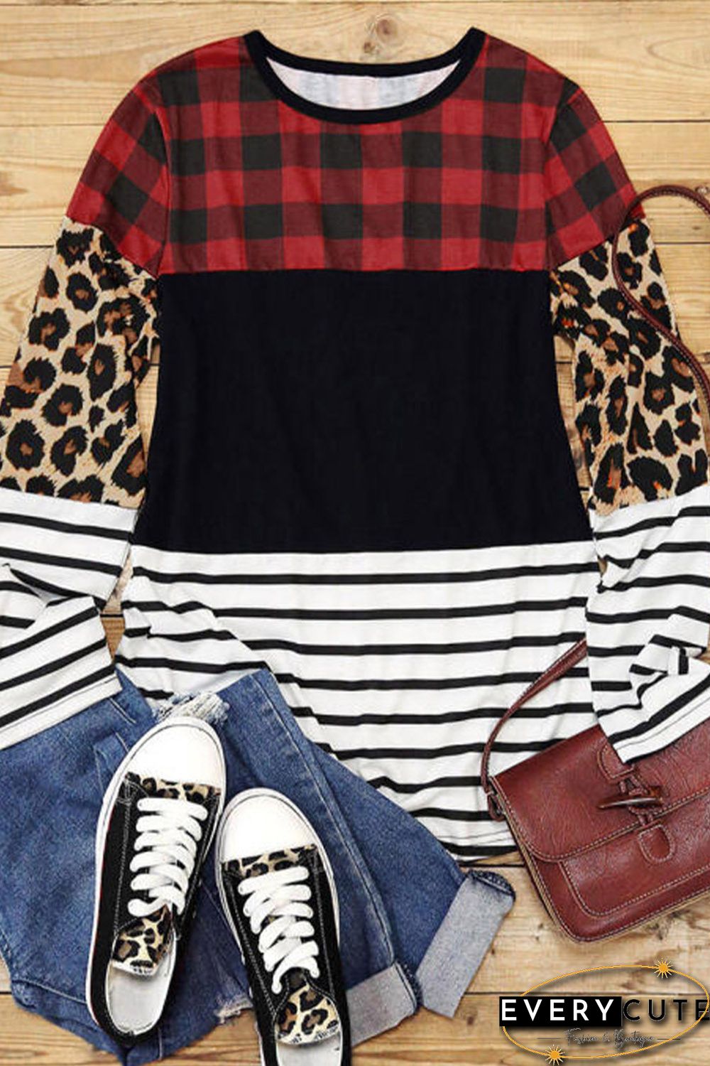 Plaid Print Leopard Splicing Striped Color Block Long Sleeve Top